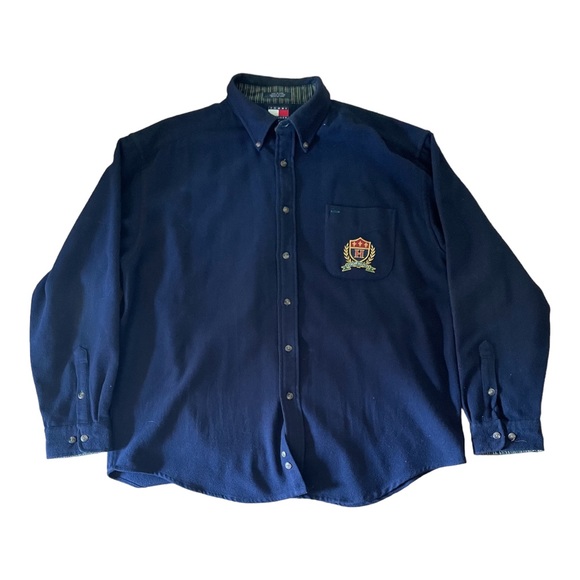 Vintage 90,s Tommy Hilfiger Blue Wool Blend Button
Down Shirt Crest Mens Size XL - Picture 3 of 11